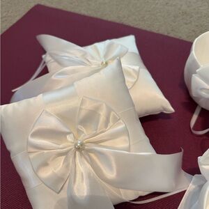 Elegant White Satin Ring Bearer Pillows and Flower Girl Baskets pew Bows